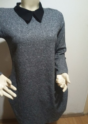 NESSİA XL Gri Midi Triko Elbise Siyah Yaka - Görsel 5