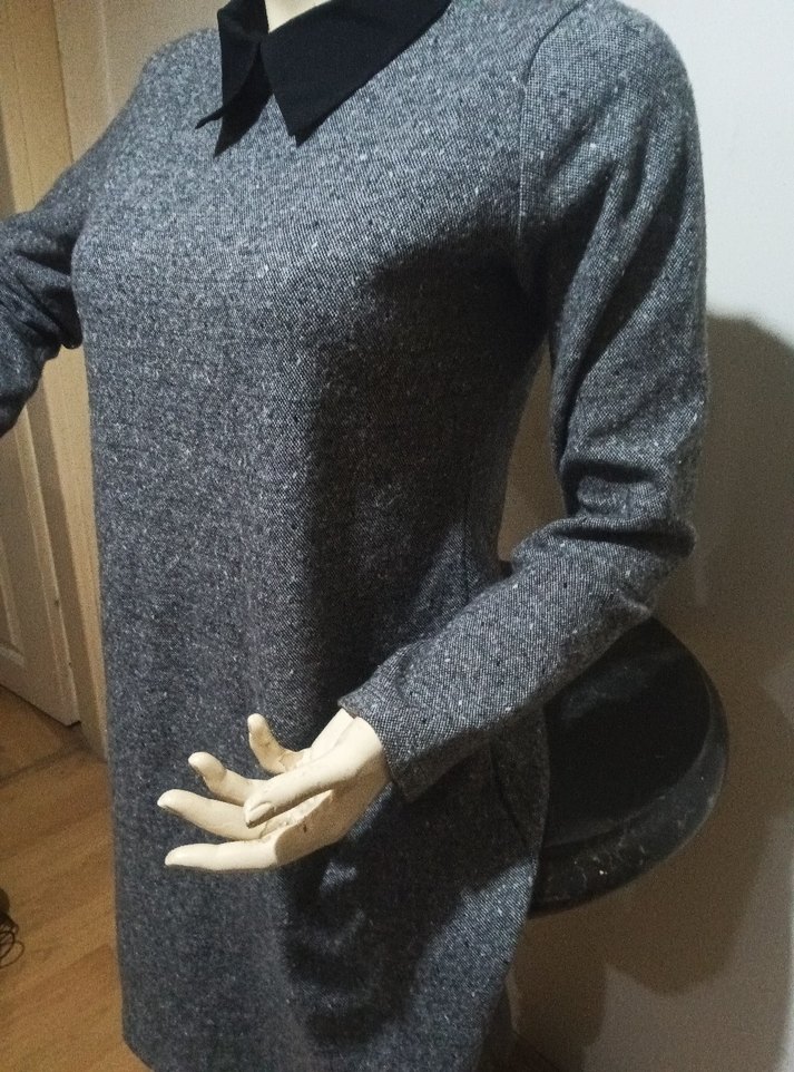 NESSİA XL Gri Midi Triko Elbise Siyah Yaka - Görsel 2