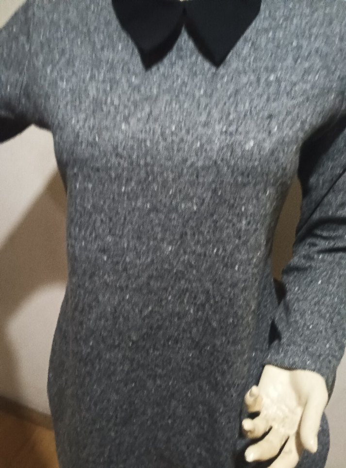 NESSİA XL Gri Midi Triko Elbise Siyah Yaka - Görsel 3