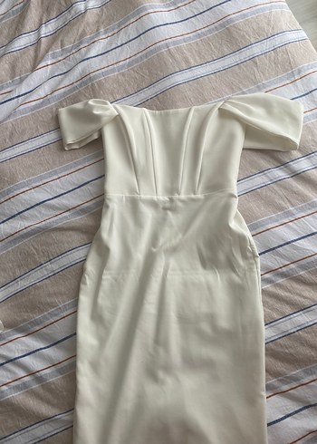 Beyaz Drapeli Straplez Kalem Elbise - Görsel 3