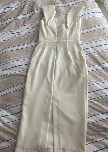 Beyaz Drapeli Straplez Kalem Elbise - Görsel 5