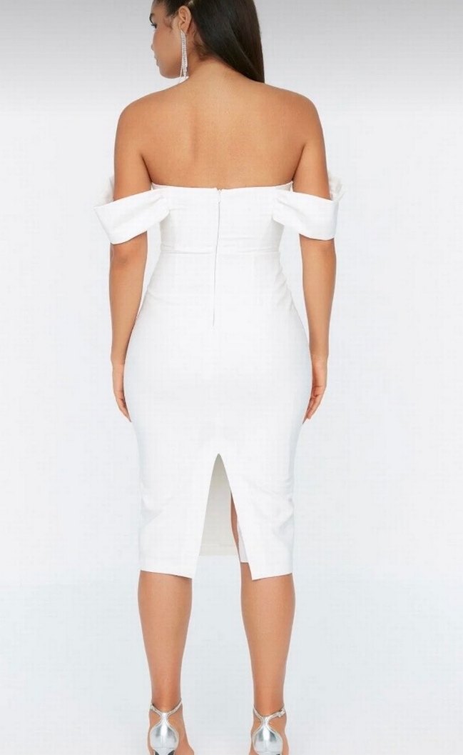 Beyaz Drapeli Straplez Kalem Elbise - Görsel 2