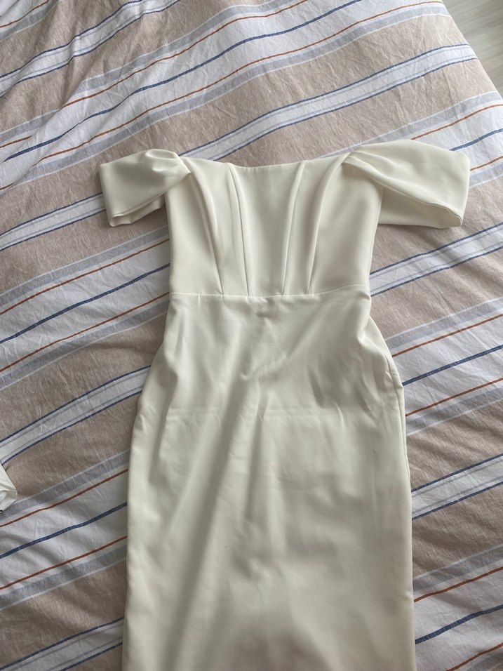 Beyaz Drapeli Straplez Kalem Elbise - Görsel 3