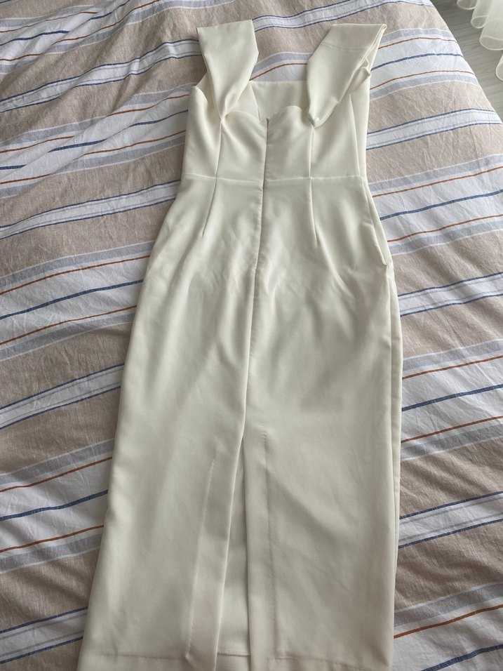 Beyaz Drapeli Straplez Kalem Elbise - Görsel 5