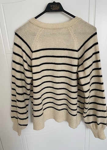 Bej Çizgili Kadın Triko Kazak - Görsel 2