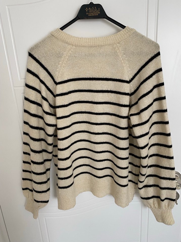 Bej Çizgili Kadın Triko Kazak - Görsel 2