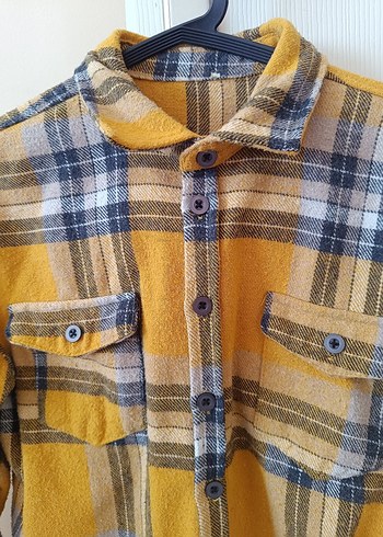 Düğmeli Sarı Gri Kadın Yün Gömlek - Görsel 3