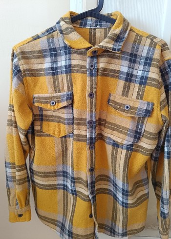 Düğmeli Sarı Gri Kadın Yün Gömlek - Görsel 4