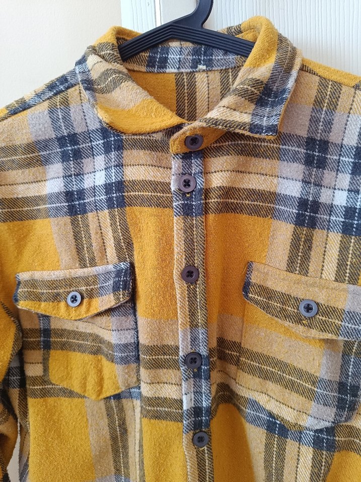 Düğmeli Sarı Gri Kadın Yün Gömlek - Görsel 3