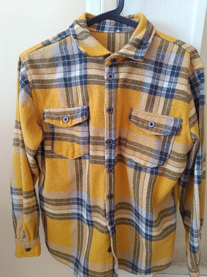 Düğmeli Sarı Gri Kadın Yün Gömlek - Görsel 4