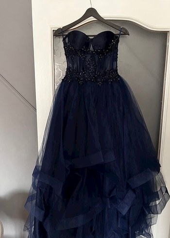 Straplez Nakışlı Lacivert Uzun Abiye Elbise - Görsel 2