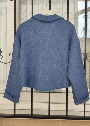 Mavi indigo Keten Düğmeli Kadın Gömlek - Görsel 2