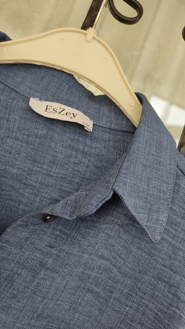 Mavi indigo Keten Düğmeli Kadın Gömlek - Görsel 3