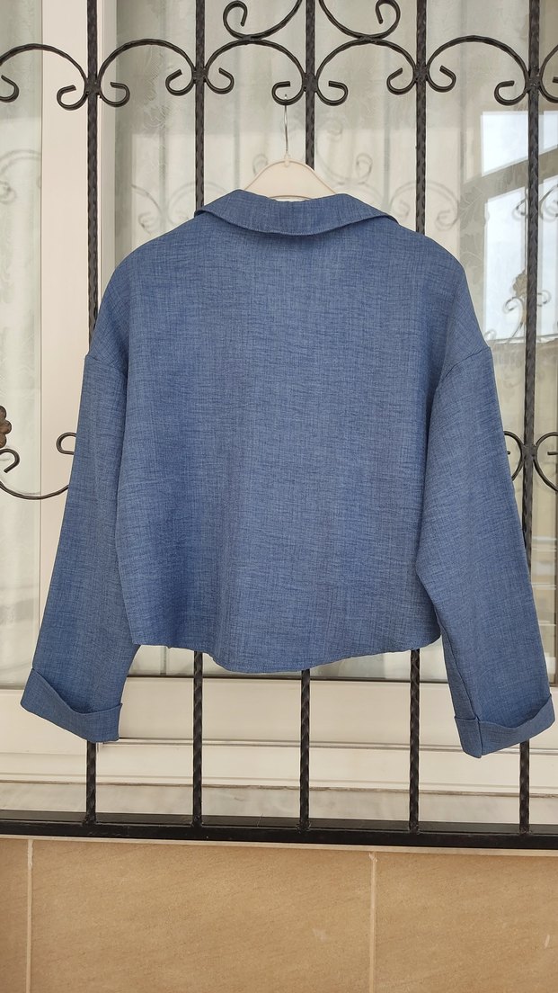 Mavi indigo Keten Düğmeli Kadın Gömlek - Görsel 2