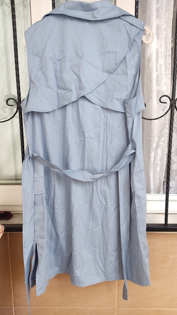 Kadın Mavi Kolsuz Uzun Trençkot - Görsel 2