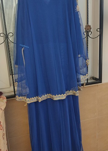 Mavi Nakışlı taşlı Uzun Kollu Kadın  abiye Elbise büyük beden - Görsel 4