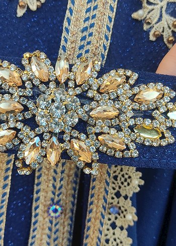 Mavi Nakışlı taşlı Uzun Kollu Kadın  abiye Elbise büyük beden - Görsel 5