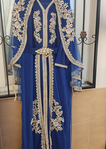 Mavi Nakışlı taşlı Uzun Kollu Kadın  abiye Elbise büyük beden - Görsel 2