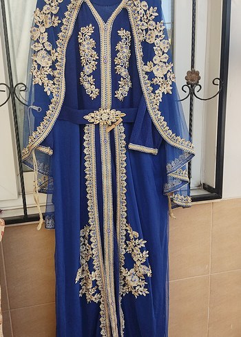 Mavi Nakışlı taşlı Uzun Kollu Kadın  abiye Elbise büyük beden - Görsel 3