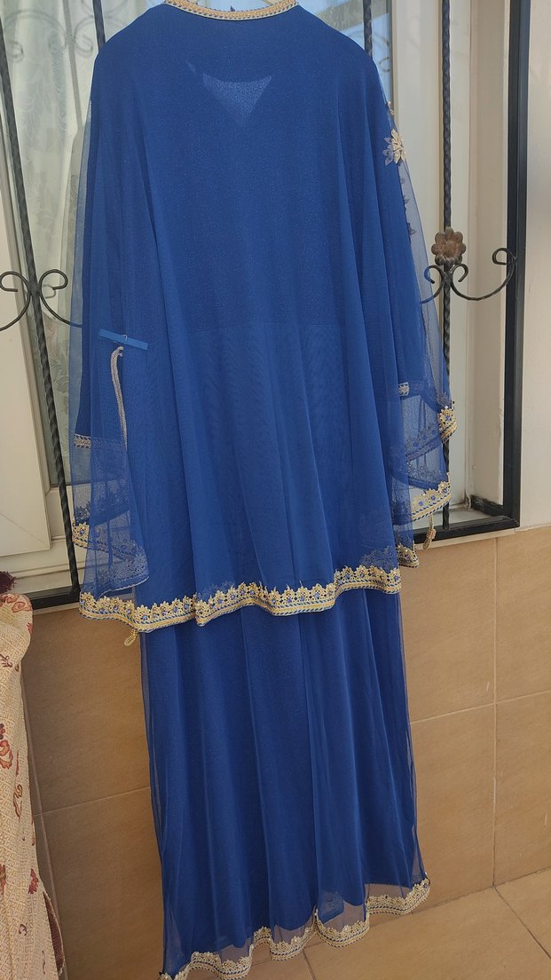 Mavi Nakışlı taşlı Uzun Kollu Kadın  abiye Elbise büyük beden - Görsel 4