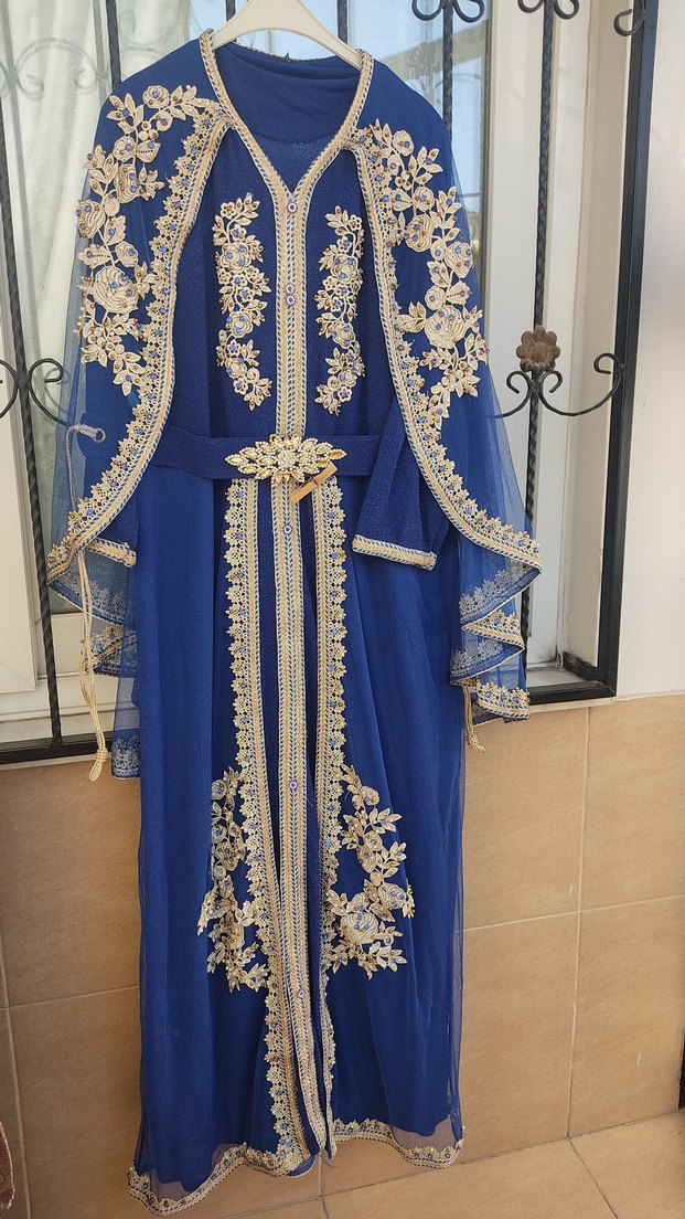 Mavi Nakışlı taşlı Uzun Kollu Kadın  abiye Elbise büyük beden - Görsel 2