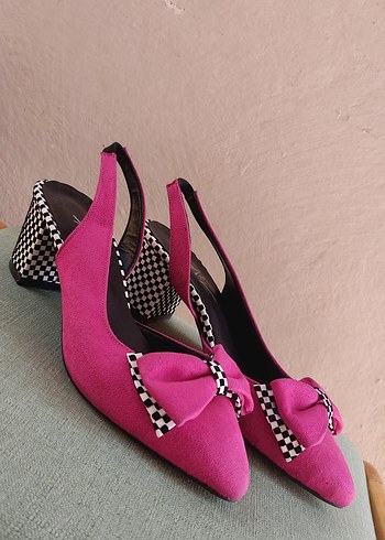Bambi Pembe fuşya Fiyonklu gotik vintage topuklu ayakkabı babet