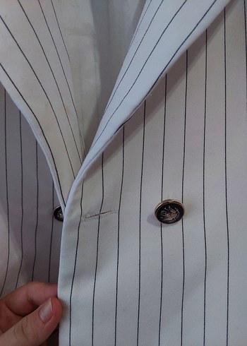 Çizgili Beyaz Kadın Uzun Blazer Ceket - Görsel 2