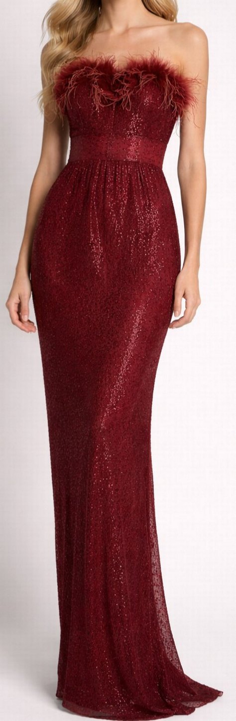 Pullu Kırmızı Uzun Abiye Elbise - Görsel 2