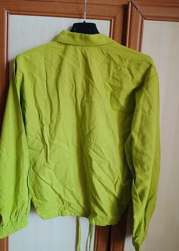 Düğmeli Yeşil Keten Kadın Gömlek - Görsel 3