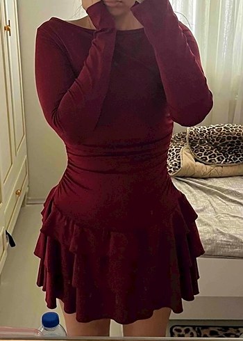 s Beden bordo Renk Bordo Fırfırlı Mini Elbise