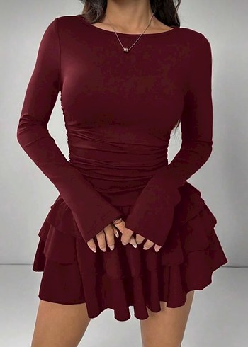 s Beden Bordo Fırfırlı Mini Elbise