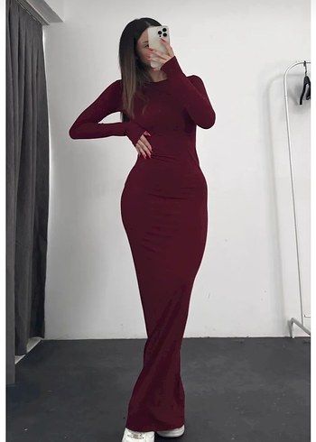 Bordo Uzun Kollu Saten Elbise