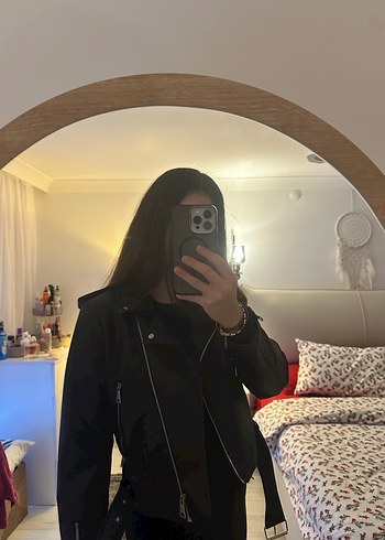 Siyah Kadın Deri Biker Ceket - Görsel 4