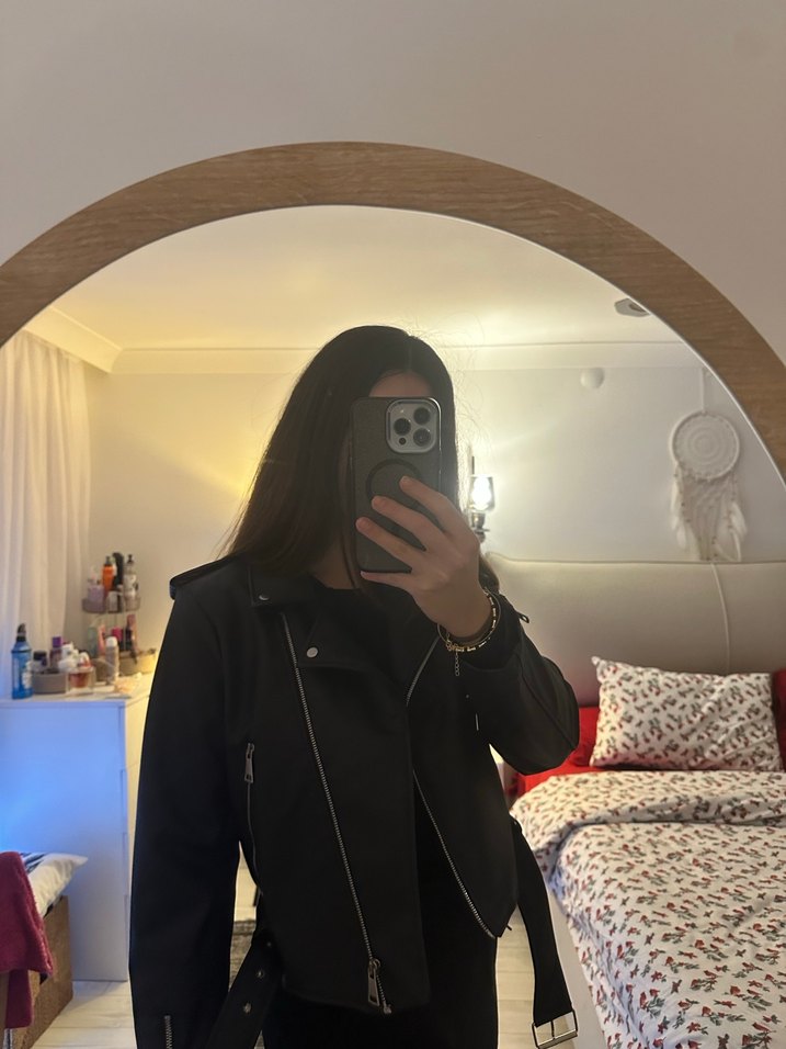 Siyah Kadın Deri Biker Ceket - Görsel 4