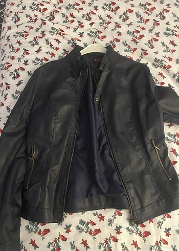 Lacivert Fermuarlı Deri Biker Ceket - Görsel 2