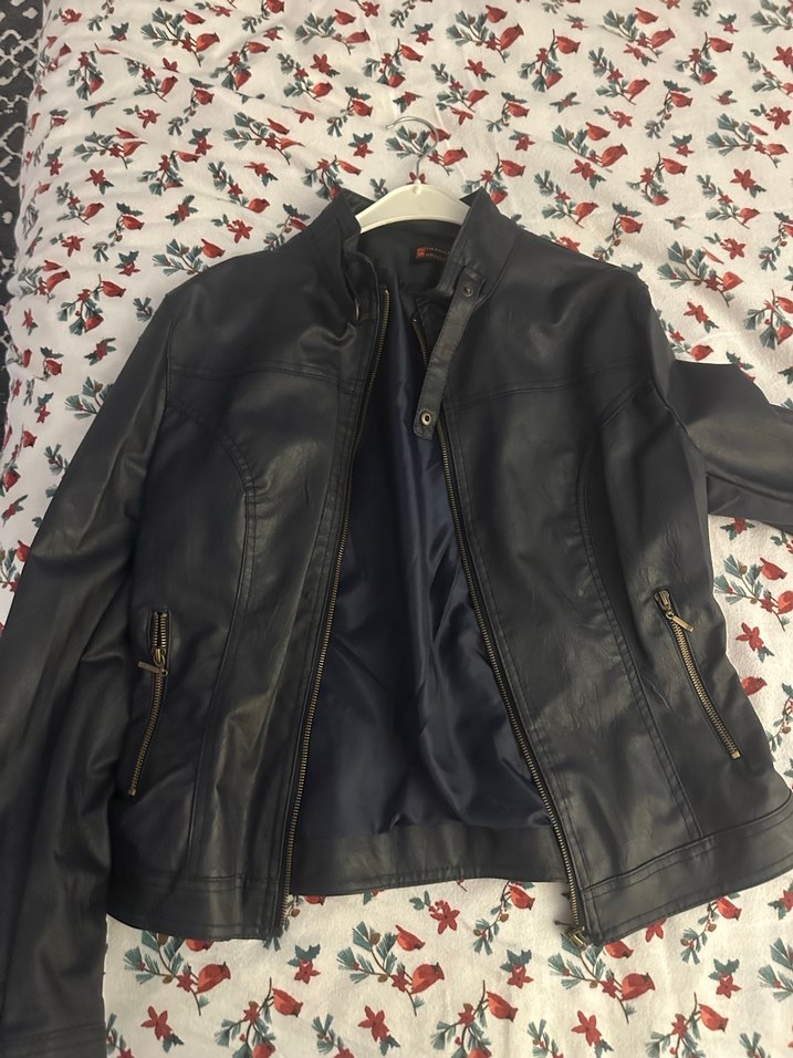 Lacivert Fermuarlı Deri Biker Ceket - Görsel 2