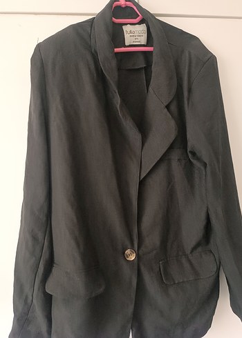 universal Beden Düğmeli Siyah Keten Kadın Blazer
