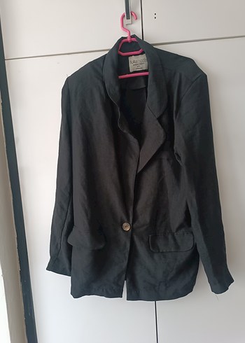 Diğer Düğmeli Siyah Keten Kadın Blazer