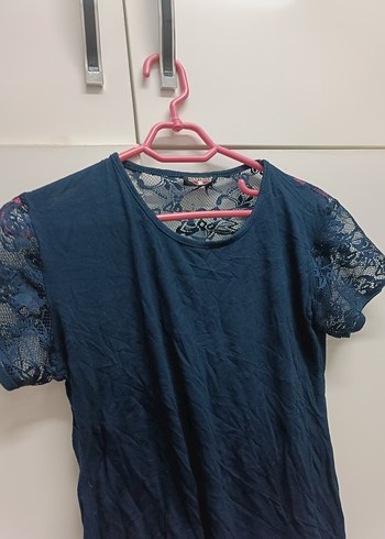 Kısa Kollu Dantelli Lacivert Kadın Bluz - Görsel 3
