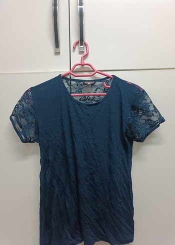 Kısa Kollu Dantelli Lacivert Kadın Bluz - Görsel 2