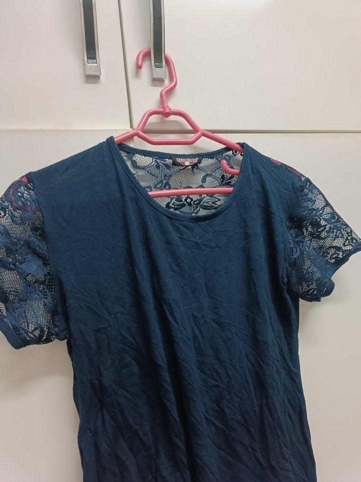 Kısa Kollu Dantelli Lacivert Kadın Bluz - Görsel 3