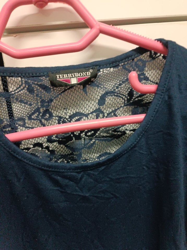 Kısa Kollu Dantelli Lacivert Kadın Bluz - Görsel 5