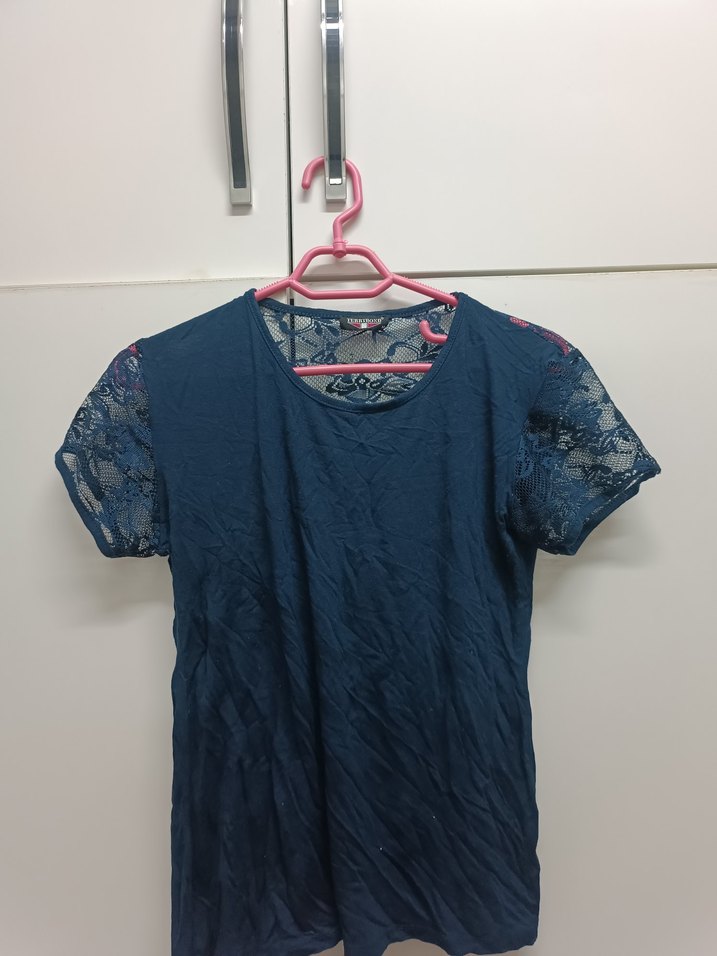 Kısa Kollu Dantelli Lacivert Kadın Bluz - Görsel 2