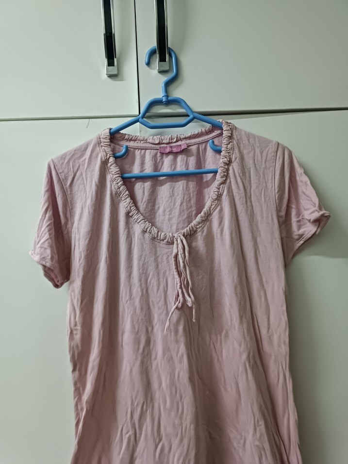 Pembe Keten V Yaka Kısa Kollu Kadın Gömlek - Görsel 2