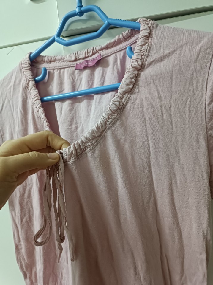 Pembe Keten V Yaka Kısa Kollu Kadın Gömlek - Görsel 3