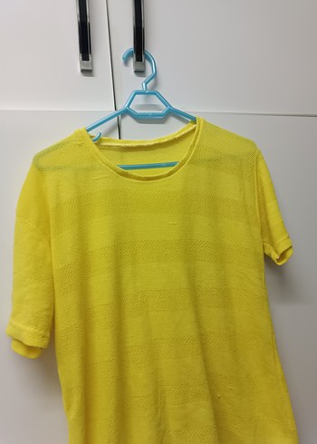 Sarı Kısa Kollu Kadın Keten Tişört - Görsel 3