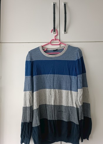 Çizgili Mavi Gri Triko Kazak - Görsel 2