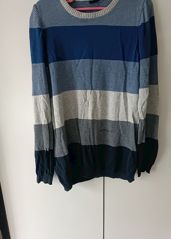 Çizgili Mavi Gri Triko Kazak - Görsel 3