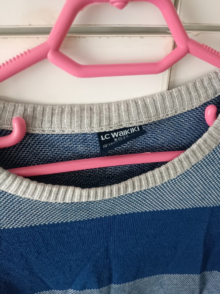 Çizgili Mavi Gri Triko Kazak - Görsel 5