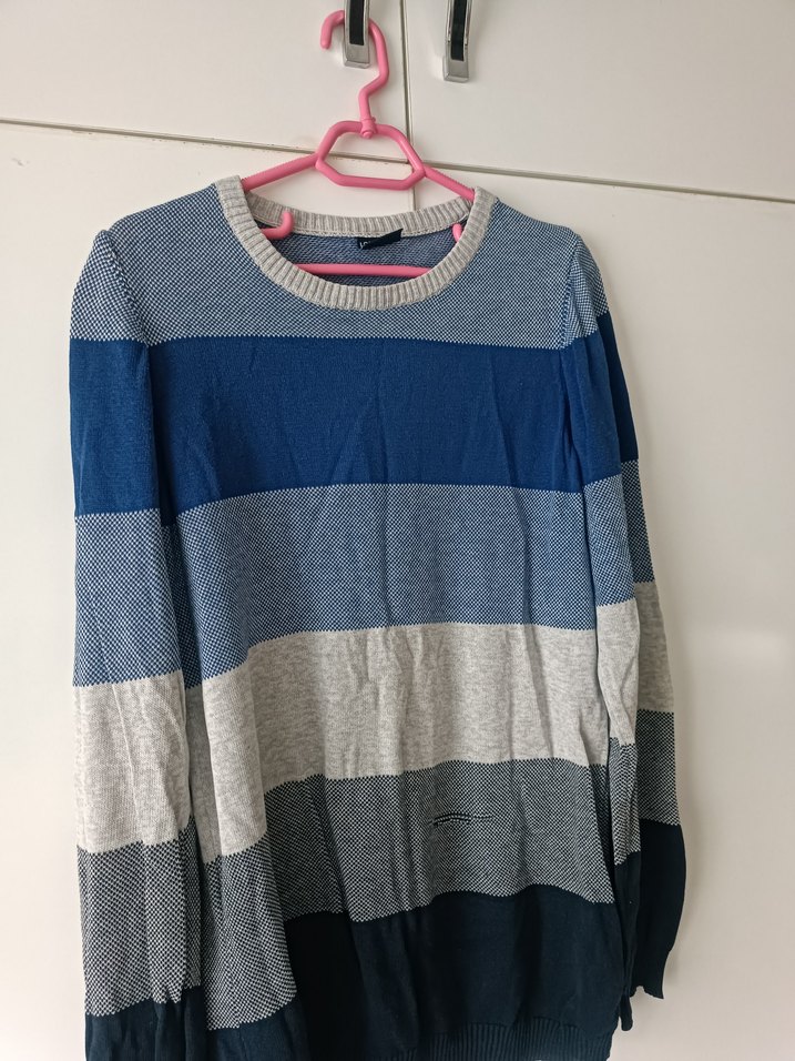 Çizgili Mavi Gri Triko Kazak - Görsel 4